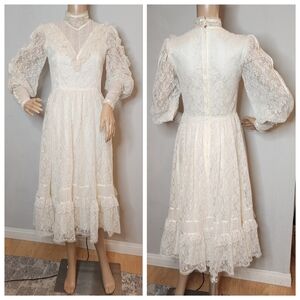 Gunne Sax Vintage Ivory Lace Midi Dress Victorian Edwardian 70s 80s XS